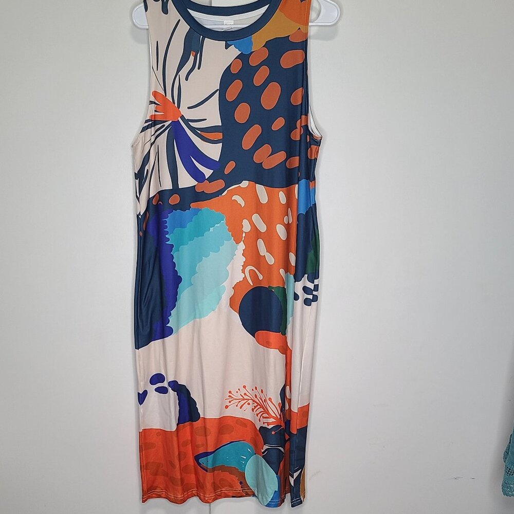 blue and cream abstract sleeveless shift dress